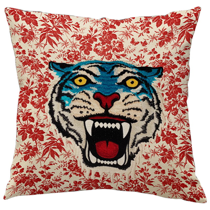 Декоративная подушка Стиль Gucci Blue Tiger Красный Бежевый Голубой Мульти Декоративная подушка Стиль Gucci Blue Tiger Красный Бежевый Голубой Мульти в Челябинске | Loft Concept