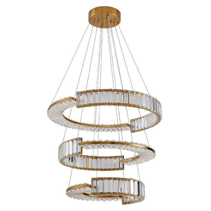 Светодиодная трехъярусная кольцевая люстра из хрусталя и стали с пультом для регулировки света Maude Crystal Light Латунь Прозрачный в Челябинске | Loft Concept 