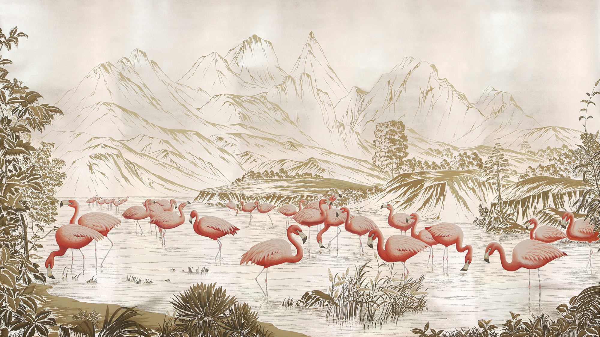 Обои ручная роспись Flamingos Flamingo on Tarnished Silver gilded Xuan paper Обои ручная роспись Flamingos Flamingo on Tarnished Silver gilded Xuan paper - постер Loft-Concept в Челябинске