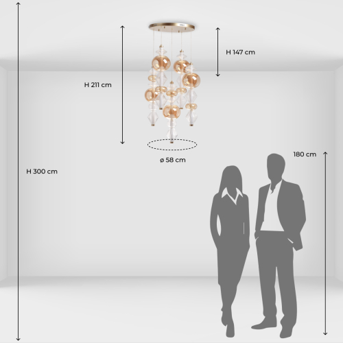 Люстра с плафонами из прозрачного и янтарного стекла в виде шаров и ромбов Gabriel Scott Luna в Челябинске