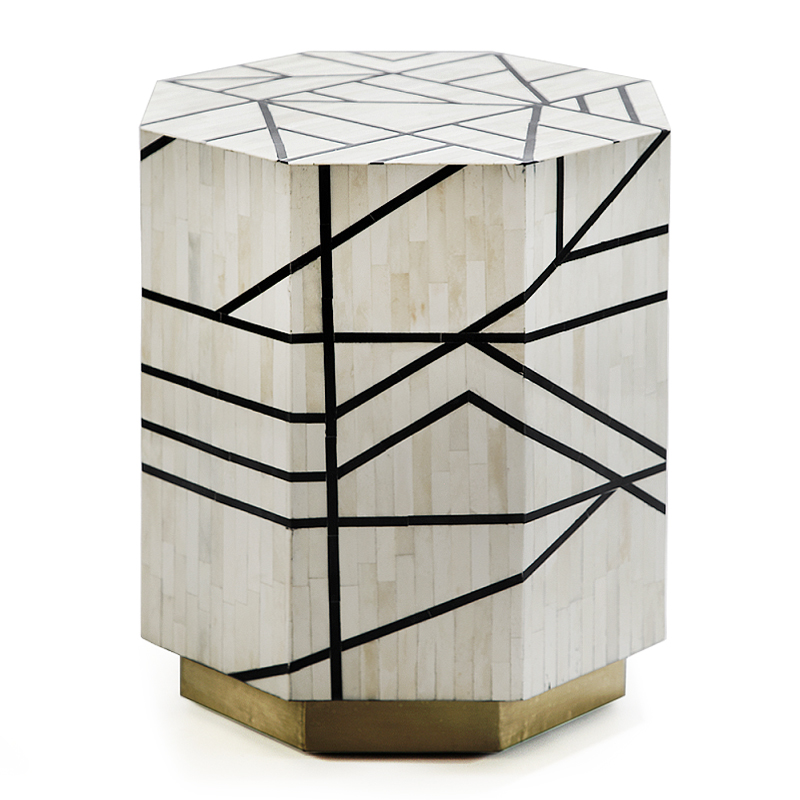 Приставной столик с инкрустацией Black and White Geometry bone bedside table ivory ( слоновая кость ) Черный в Челябинске | Loft Concept 