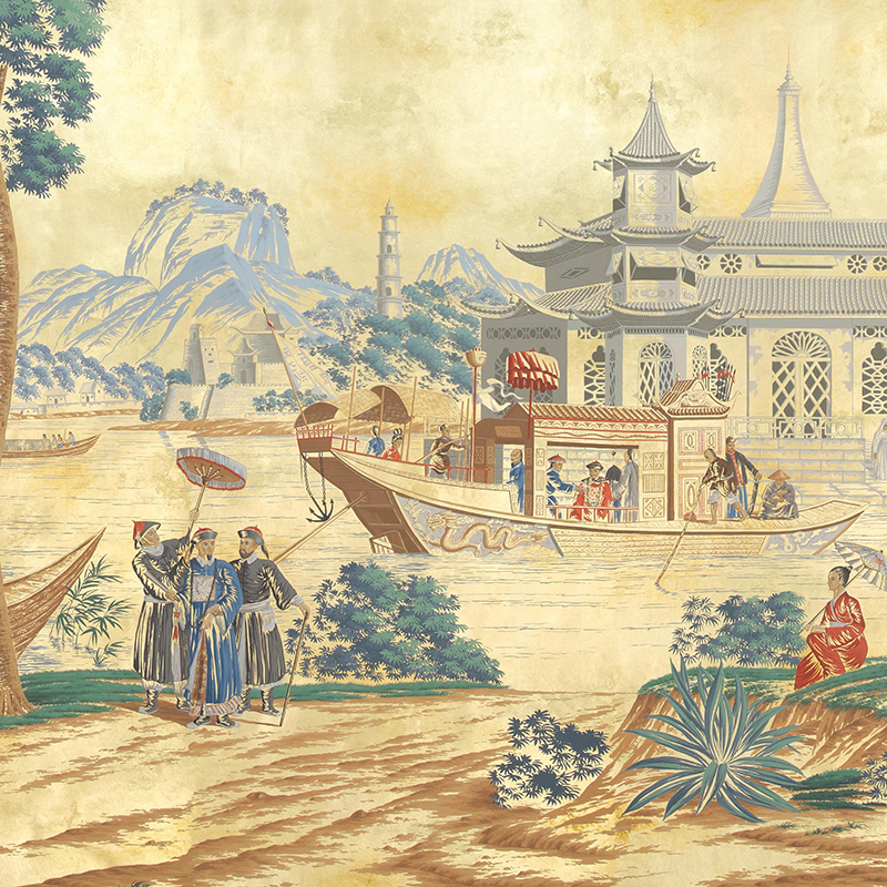 Обои ручная роспись Procession Chinoise Special Colourway on Warm Gold gilded paper  в Челябинске | Loft Concept 