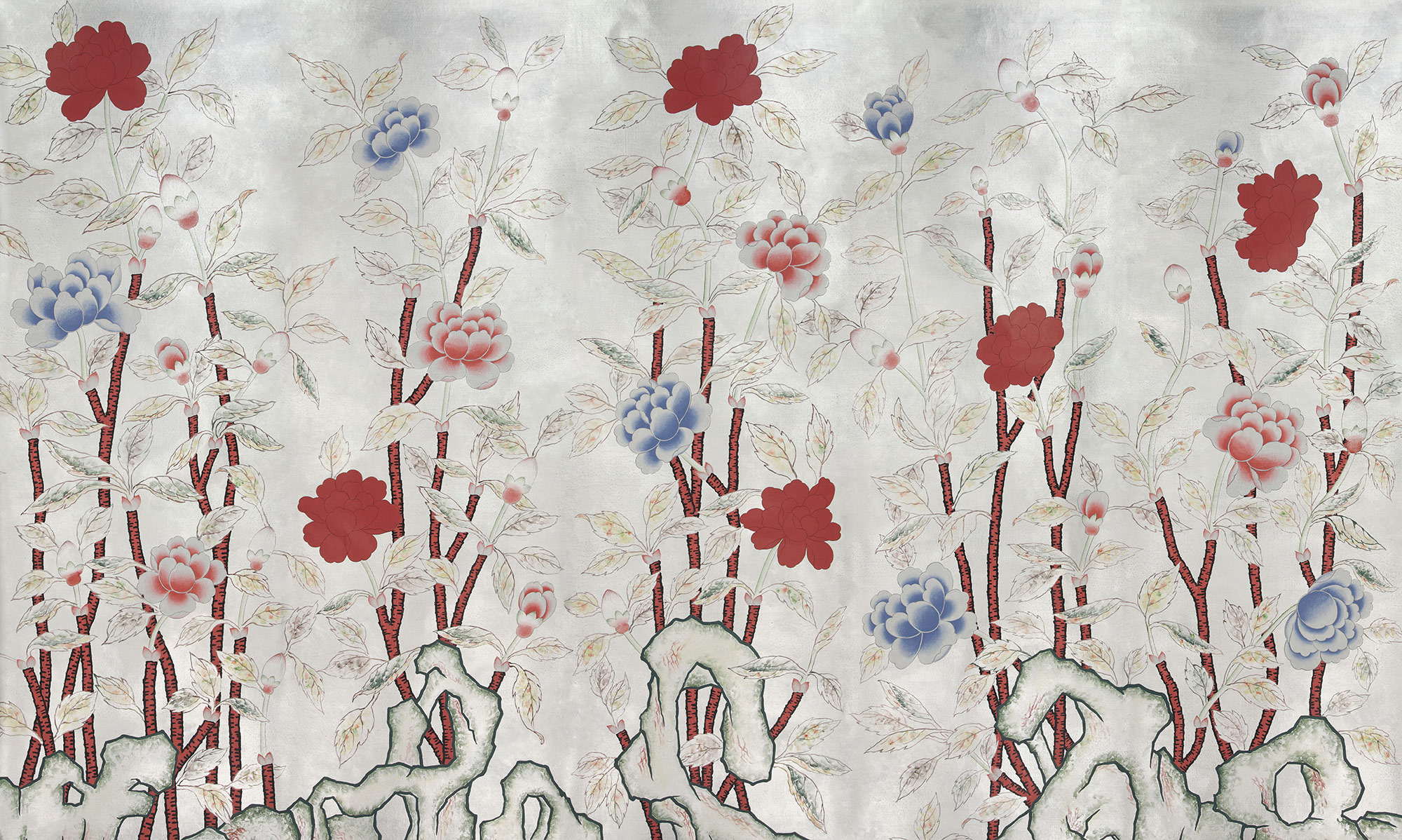 Обои ручная роспись Korean Peony Original colourway on Ocean Silver gilded silk with pearlescent antiquing Обои ручная роспись Korean Peony Original colourway on Ocean Silver gilded silk with pearlescent antiquing - постер Loft-Concept в Челябинске