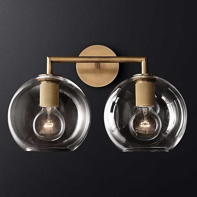 Бра RH Utilitaire Globe Shade Double Sconce Brass Прозрачное Стекло Латунь в Челябинске | Loft Concept 