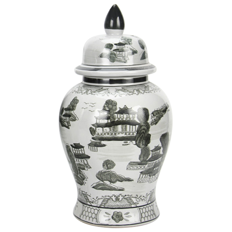 Ваза с крышкой Chinoiserie Ceramics Village Vase Серый Белый Ваза с крышкой Chinoiserie Ceramics Village Vase Серый Белый в Челябинске | Loft Concept