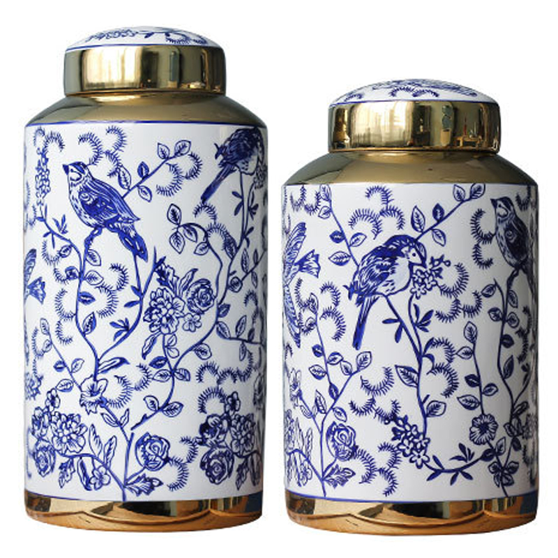 Вазы Ceramic Oriental Blue Ornament Birds Vases Синий Белый Золотой Вазы Ceramic Oriental Blue Ornament Birds Vases Синий Белый Золотой в Челябинске | Loft Concept
