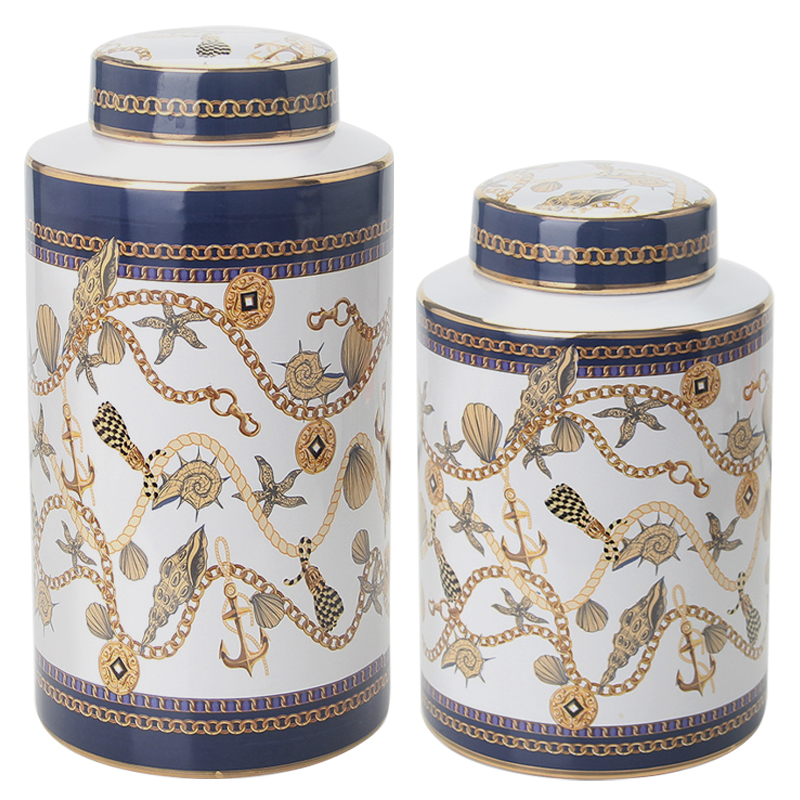 Ваза с крышкой Marine Motif Vase Белый Синий Золотой Бежевый Ваза с крышкой Marine Motif Vase Белый Синий Золотой Бежевый в Челябинске | Loft Concept