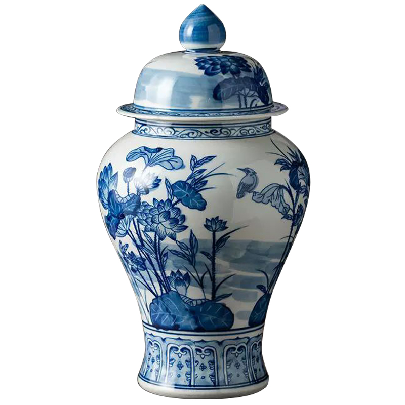 Ваза с крышкой Ceramic Blue Flowers and Bird Vase Белый Синий Ваза с крышкой Ceramic Blue Flowers and Bird Vase Белый Синий в Челябинске | Loft Concept
