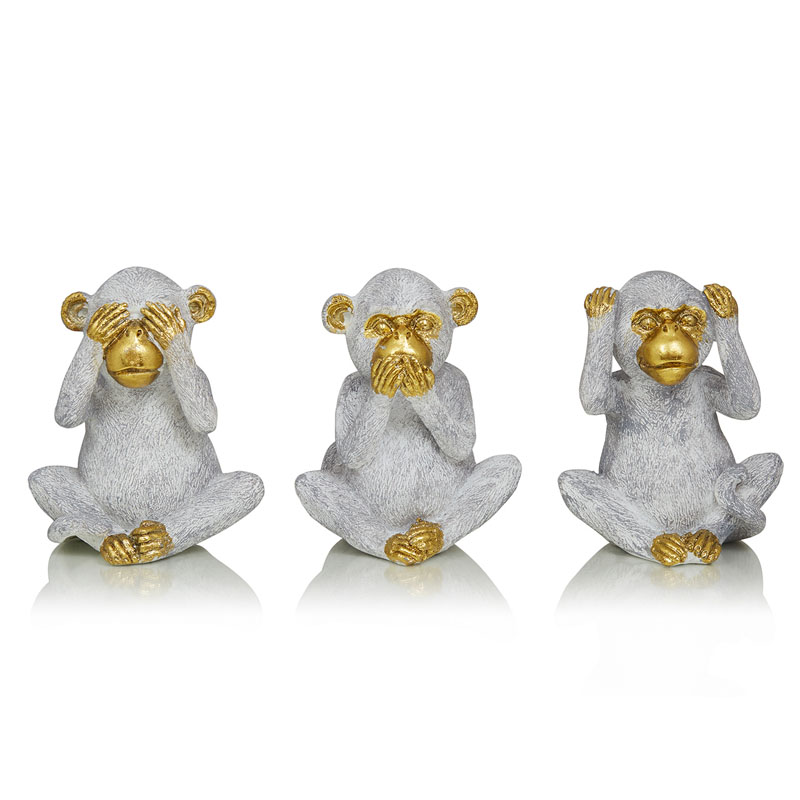 Комплект из 3-х статуэток Three Monkeys Серый Золотой Комплект из 3-х статуэток Three Monkeys Серый Золотой в Челябинске | Loft Concept