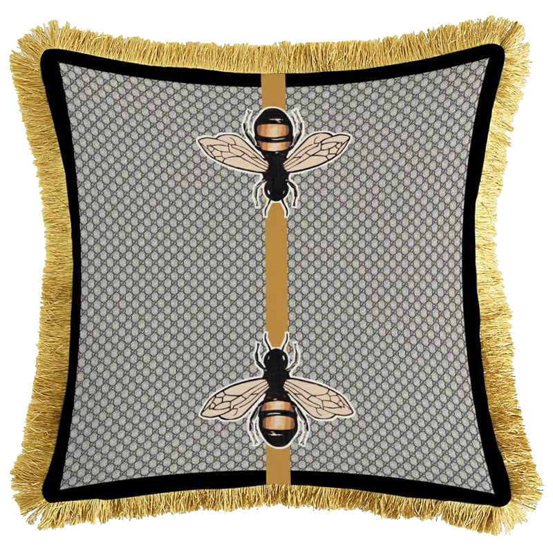 Декоративная подушка Cтиль Gucci Two Bees Серый Золотой Горчичный Декоративная подушка Cтиль Gucci Two Bees Серый Золотой Горчичный в Челябинске | Loft Concept