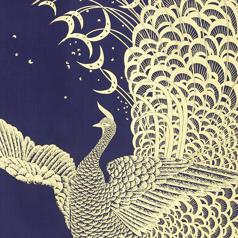 Обои ручная роспись в стиле Арт-деко Whistler Peacocks Colourway SC-100 on Empire Blue dyed silk  в Челябинске | Loft Concept 