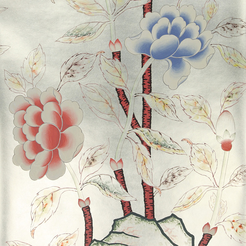 Обои ручная роспись Korean Peony Original colourway on Ocean Silver gilded silk with pearlescent antiquing Обои ручная роспись Korean Peony Original colourway on Ocean Silver gilded silk with pearlescent antiquing в Челябинске | Loft Concept