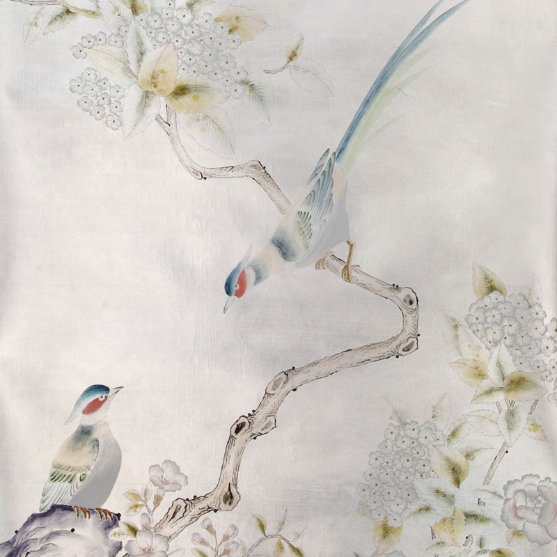 Обои ручная роспись Japanese Garden Special Colourway on Ocean Silver gilded silk  в Челябинске | Loft Concept 