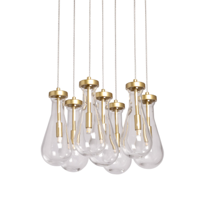 Люстра с 7-ю прозрачными плафонами из стекла в форме капли Lucid Rain  Золотой Прозрачный в Челябинске | Loft Concept 