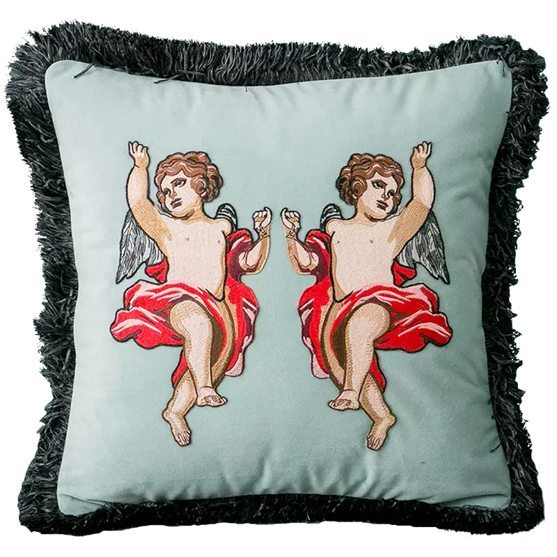Декоративная подушка с вышивкой Стиль Gucci Angels Cushion Мятный Серый Бежевый Красный Декоративная подушка с вышивкой Стиль Gucci Angels Cushion Мятный Серый Бежевый Красный в Челябинске | Loft Concept