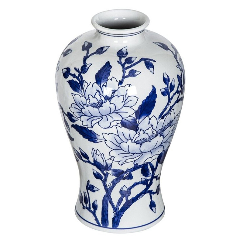 Ваза с бело-синей росписью и изображением цветов Blue & White Ornament Белый Синий Ваза с бело-синей росписью и изображением цветов Blue & White Ornament Белый Синий в Челябинске | Loft Concept