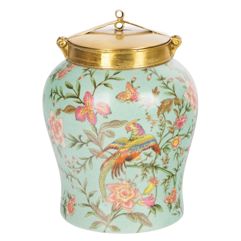 Ваза округлой формы из фарфора с рисунком и бронзовой крышкой Turquoise Blooming Garden Мульти Бронза Бирюзовый Ваза округлой формы из фарфора с рисунком и бронзовой крышкой Turquoise Blooming Garden Мульти Бронза Бирюзовый в Челябинске | Loft Concept