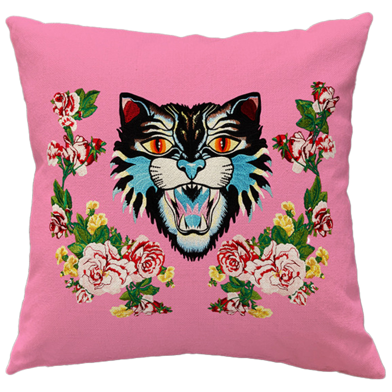 Декоративная подушка Стиль Gucci Cat Pink Розовый Мульти Декоративная подушка Стиль Gucci Cat Pink Розовый Мульти в Челябинске | Loft Concept