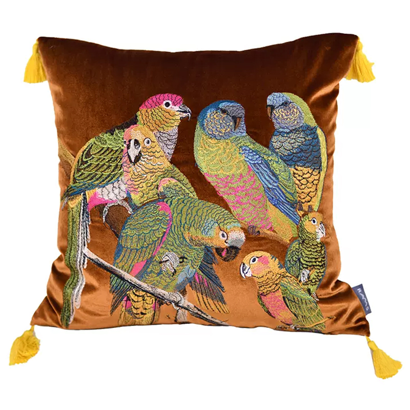 Декоративная подушка с вышивкой Embroidery Parrots Pillow Brown Коричневый Мульти Декоративная подушка с вышивкой Embroidery Parrots Pillow Brown Коричневый Мульти в Челябинске | Loft Concept