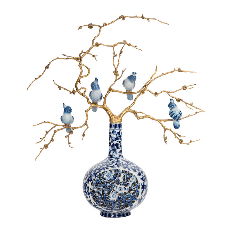 Ваза фарфоровая с орнаментом с фигурками птиц Porcelain Bird Синий Белый в Челябинске | Loft Concept 