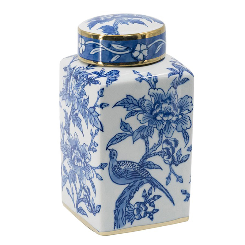 Ваза с крышкой Bird & Flowers Oriental Ornament Глянцевое золото Белый Синий Ваза с крышкой Bird & Flowers Oriental Ornament Глянцевое золото Белый Синий в Челябинске | Loft Concept