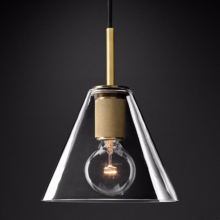 Подвесной светильник RH Utilitaire Funnel Pendant Brass Латунь Прозрачное Стекло в Челябинске | Loft Concept 