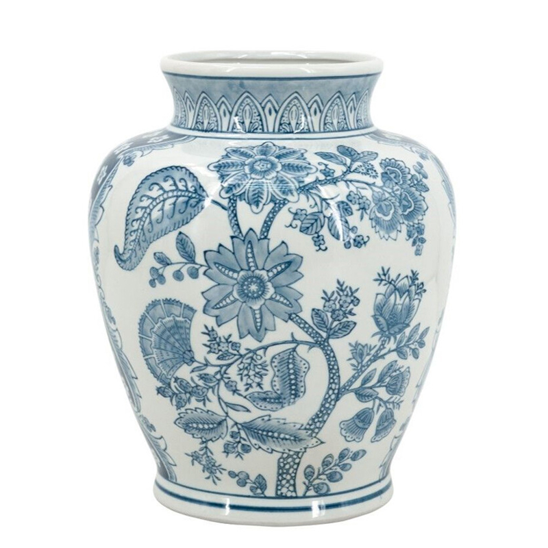 Ваза округлой формы белого цвета с синим растительным узором Blue & White Ornament Белый Синий Ваза округлой формы белого цвета с синим растительным узором Blue & White Ornament Белый Синий в Челябинске | Loft Concept
