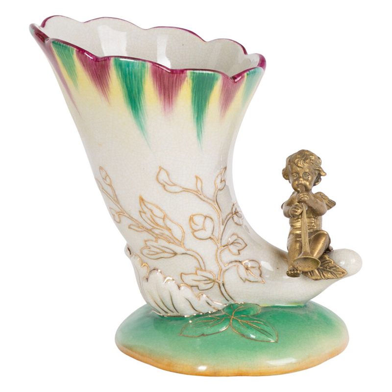 Ваза из фарфора с бронзовой фигуркой ангела Eden Garden porcelain and bronze Зеленый Бронза Белый Ваза из фарфора с бронзовой фигуркой ангела Eden Garden porcelain and bronze Зеленый Бронза Белый в Челябинске | Loft Concept