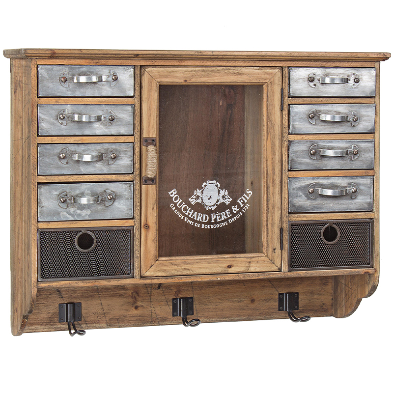 Полка в винтажном стиле с витриной и металлическими выдвижными ящиками Vintage Wood Shelf Коричневый Серебряный Полка в винтажном стиле с витриной и металлическими выдвижными ящиками Vintage Wood Shelf Коричневый Серебряный в Челябинске | Loft Concept