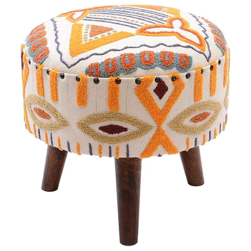 Пуф India Multicolor Ornament Wood Pouf Белый Мульти Коричневый Пуф India Multicolor Ornament Wood Pouf Белый Мульти Коричневый в Челябинске | Loft Concept