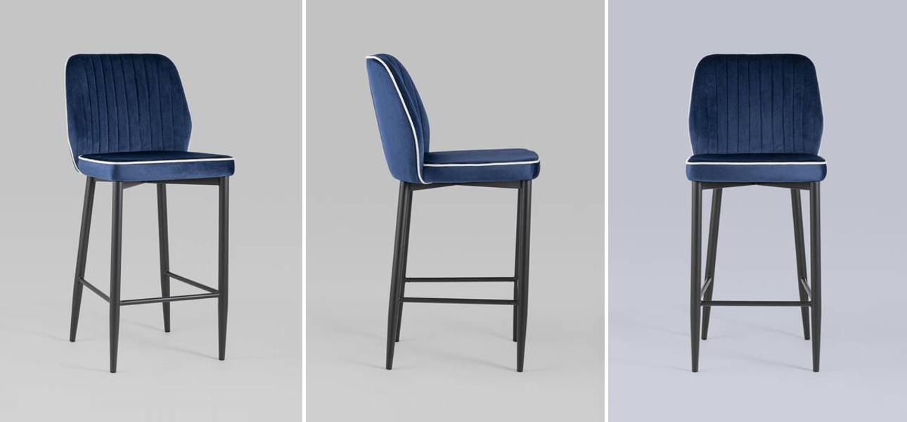 Барный Стул Lawrence Chair Синий Велюр Белый кант - фото