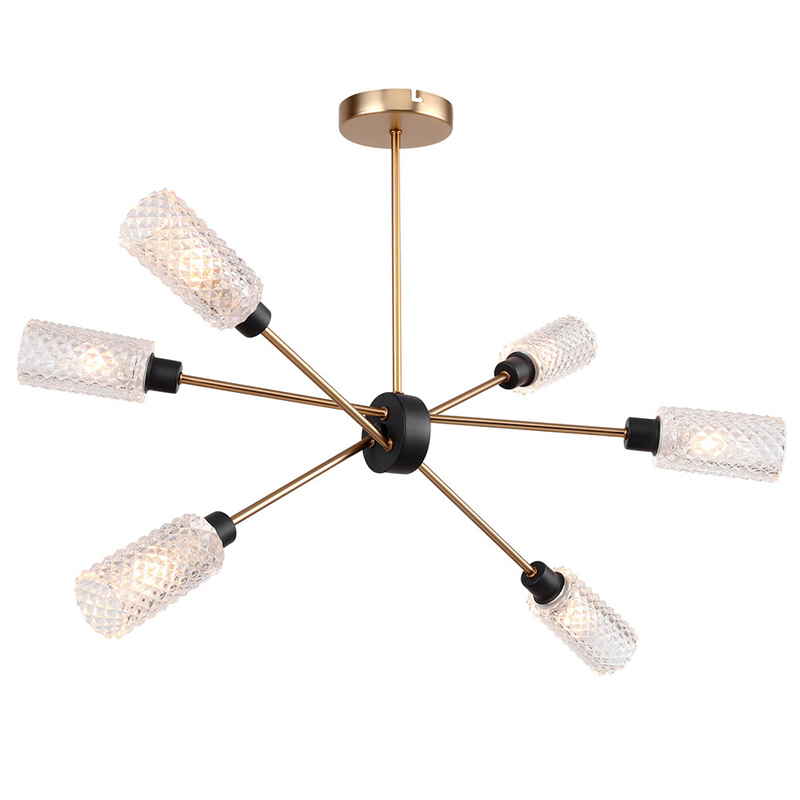 Светильник Sputnik Chandelier six cylinders Черный Латунь Янтарь (Amber) в Челябинске | Loft Concept 