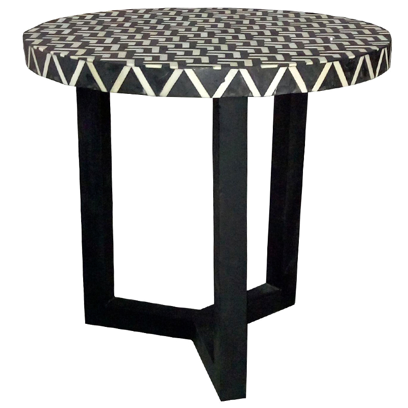 Круглый приставной столик Bone Inlay Zigzag Белый Черный Круглый приставной столик Bone Inlay Zigzag Белый Черный в Челябинске | Loft Concept