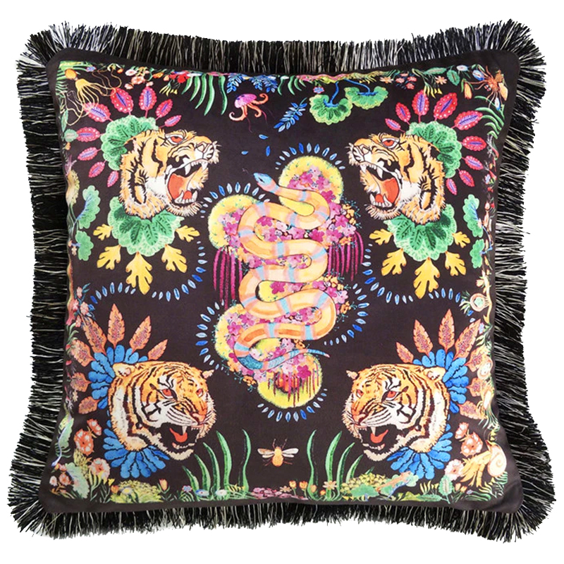 Декоративная подушка Cтиль Gucci Four Tigers and Micrurus Мульти Черный Декоративная подушка Cтиль Gucci Four Tigers and Micrurus Мульти Черный в Челябинске | Loft Concept