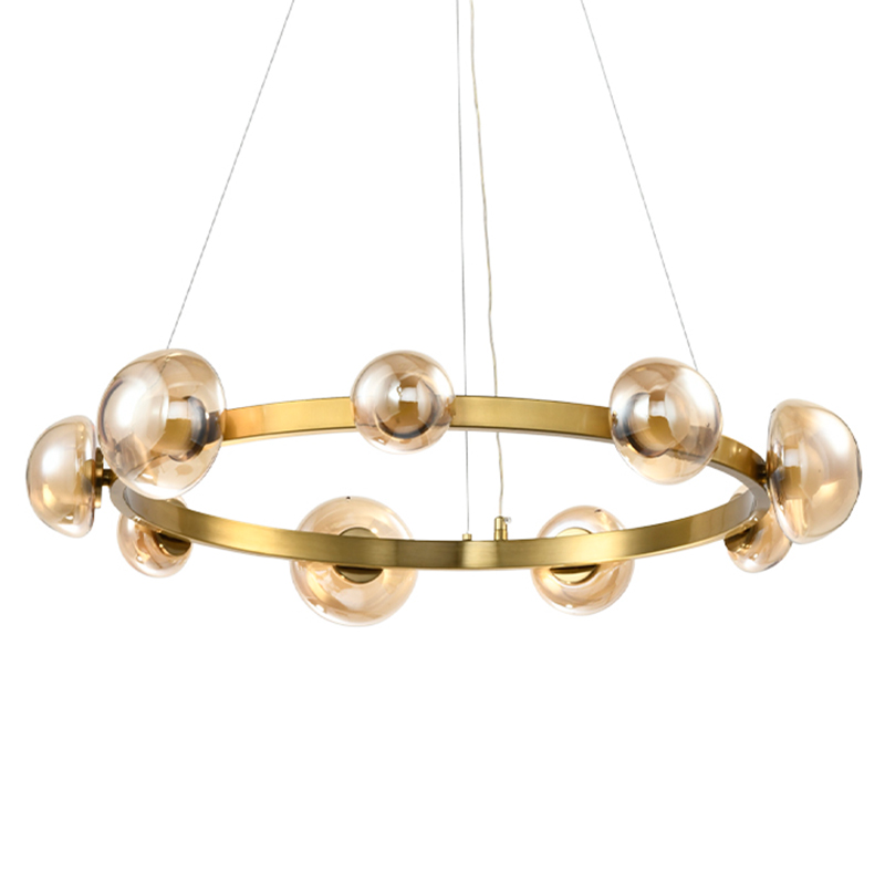 Люстра подвесная светодиодная с 9-ю круглыми плафонами коньячного цвета Iona Chandelier Brass Латунь Люстра подвесная светодиодная с 9-ю круглыми плафонами коньячного цвета Iona Chandelier Brass Латунь в Челябинске | Loft Concept