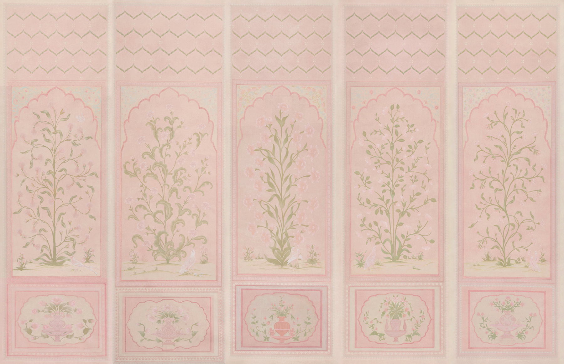 Обои ручная роспись Jharokha Arches Original colourway on pink painted Xuan paper Обои ручная роспись Jharokha Arches Original colourway on pink painted Xuan paper - постер Loft-Concept в Челябинске