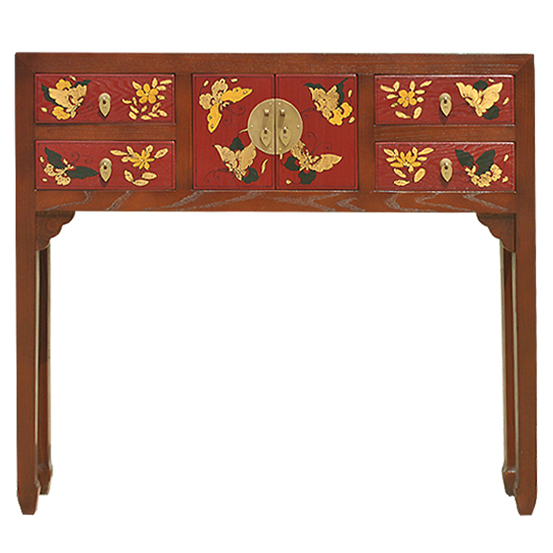 Коричневая консоль из массива сосны в Китайском стиле с красными ящиками Wood Console Chinese Коричневый Красный в Челябинске | Loft Concept 
