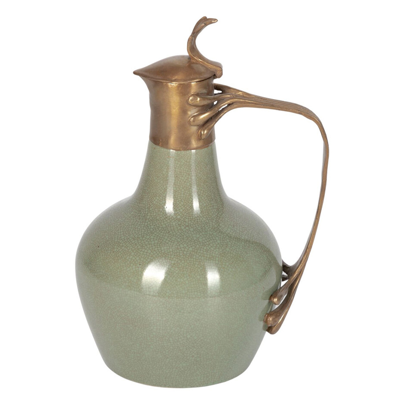 Кувшин зеленого цвета из фарфора с бронзовой крышкой и изогнутой ручкой Eden Garden porcelain and bronze Зеленый Бронза в Челябинске | Loft Concept 