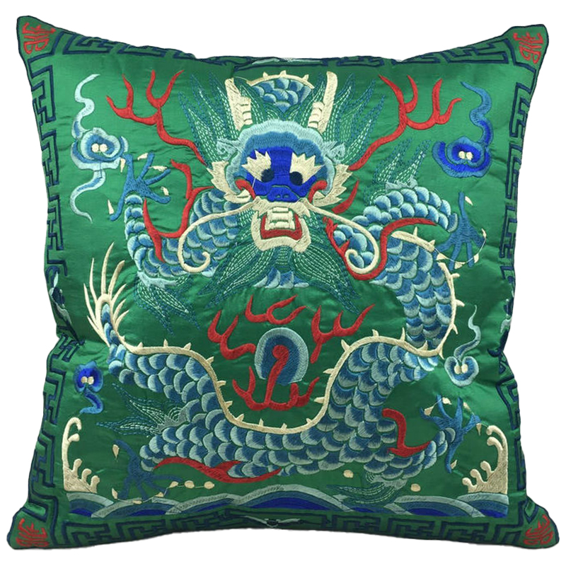 Декоративная подушка с вышивкой Chinese Dragon Green Зеленый Мульти в Челябинске | Loft Concept 