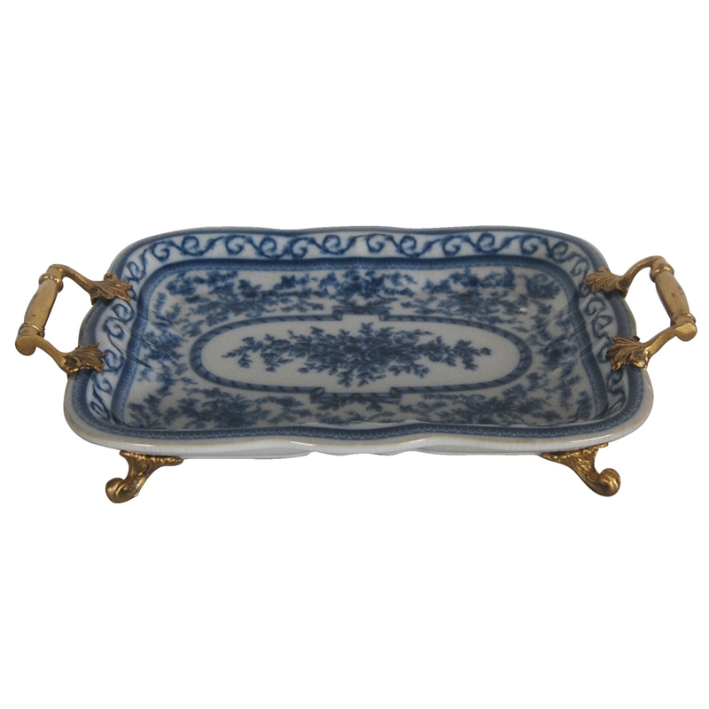 Поднос Blue and Bronze Handles Белый Синий Бронза Поднос Blue and Bronze Handles Белый Синий Бронза в Челябинске | Loft Concept