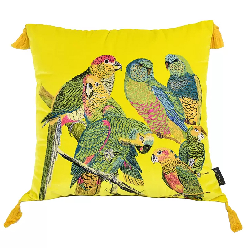 Декоративная подушка с вышивкой Embroidery Parrots Pillow Yellow Желтый Мульти Декоративная подушка с вышивкой Embroidery Parrots Pillow Yellow Желтый Мульти в Челябинске | Loft Concept