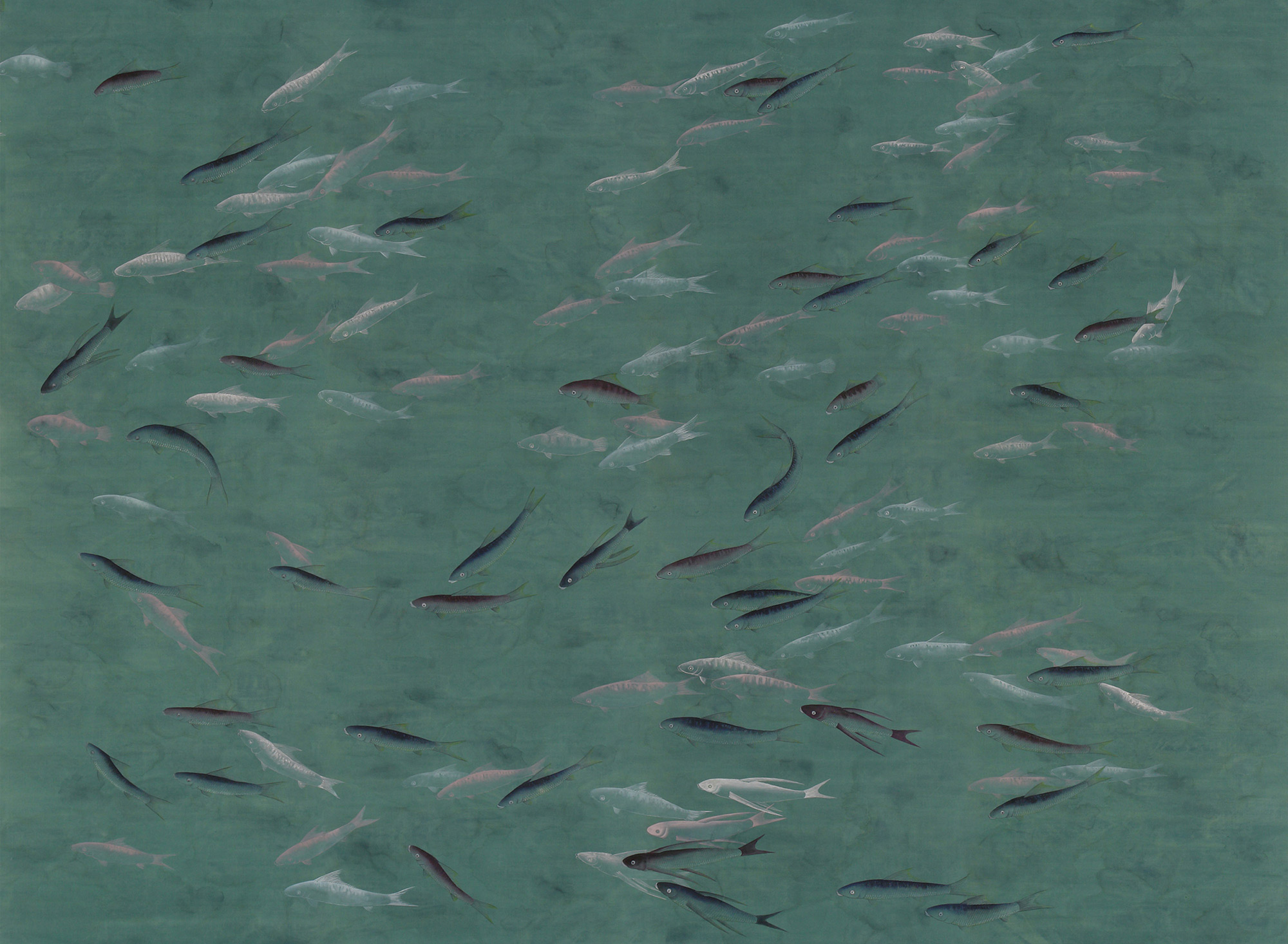 Обои ручная роспись Fishes Special Colourway on blue green painted silk with antiquing Обои ручная роспись Fishes Special Colourway on blue green painted silk with antiquing - постер Loft-Concept в Челябинске