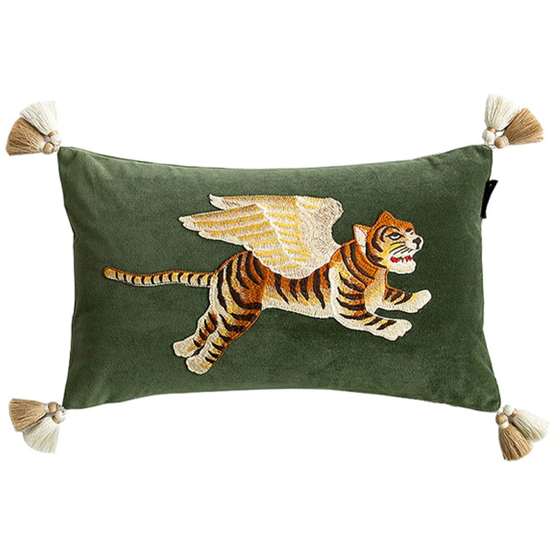 Декоративная подушка с вышивкой Стиль Gucci Winged Tiger Cushion Зеленый Оранжевый Золотой Декоративная подушка с вышивкой Стиль Gucci Winged Tiger Cushion Зеленый Оранжевый Золотой в Челябинске | Loft Concept