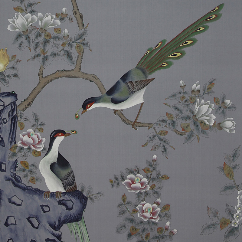 Обои ручная роспись Japanese Garden Original colourway on Gun Metal dyed silk  в Челябинске | Loft Concept 
