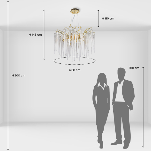 Люстра золотого цвета с декоративными ветками и длинными прозрачными стеклянными подвесами в форме сосулек Droplet Chandelier в Челябинске