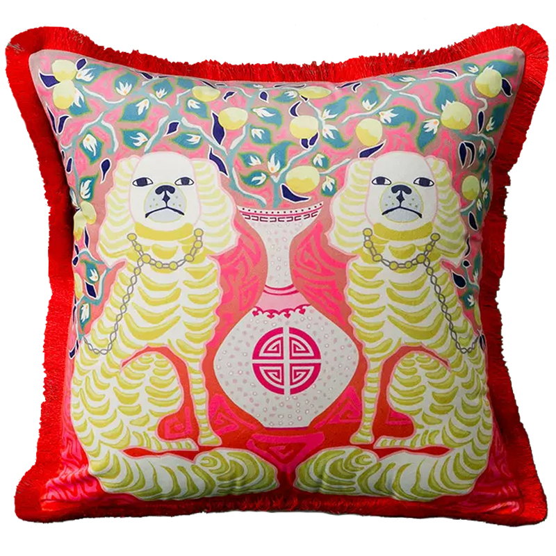 Декоративная подушка Two Dogs on Red Cushion Красный Желтый Мульти в Челябинске | Loft Concept 