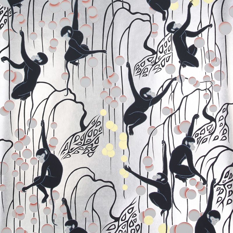 Обои ручная роспись Deco Monkeys Hunter on Sterling Silver gilded paper Обои ручная роспись Deco Monkeys Hunter on Sterling Silver gilded paper в Челябинске | Loft Concept