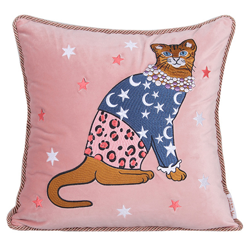 Декоративная подушка с вышивкой Magic Cat Embroidery Cushion Розовый Синий Оранжевый Мульти Декоративная подушка с вышивкой Magic Cat Embroidery Cushion Розовый Синий Оранжевый Мульти в Челябинске | Loft Concept