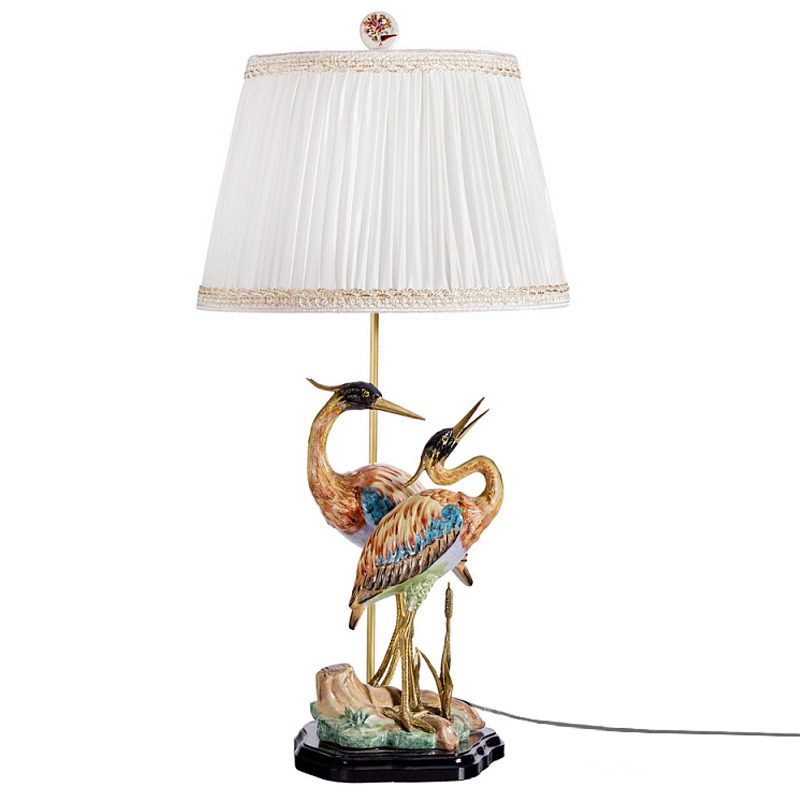 Настольная лампа с абажуром и основанием в виде двух цапель Porcelain Heron Lamp Белый Мульти Бронза в Челябинске | Loft Concept 