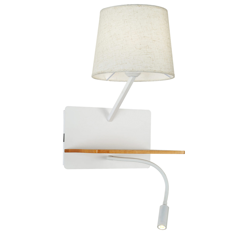 Бра с абажуром и гибким спотом Trumpet Wall White USB Белый Коричневый Бра с абажуром и гибким спотом Trumpet Wall White USB Белый Коричневый в Челябинске | Loft Concept